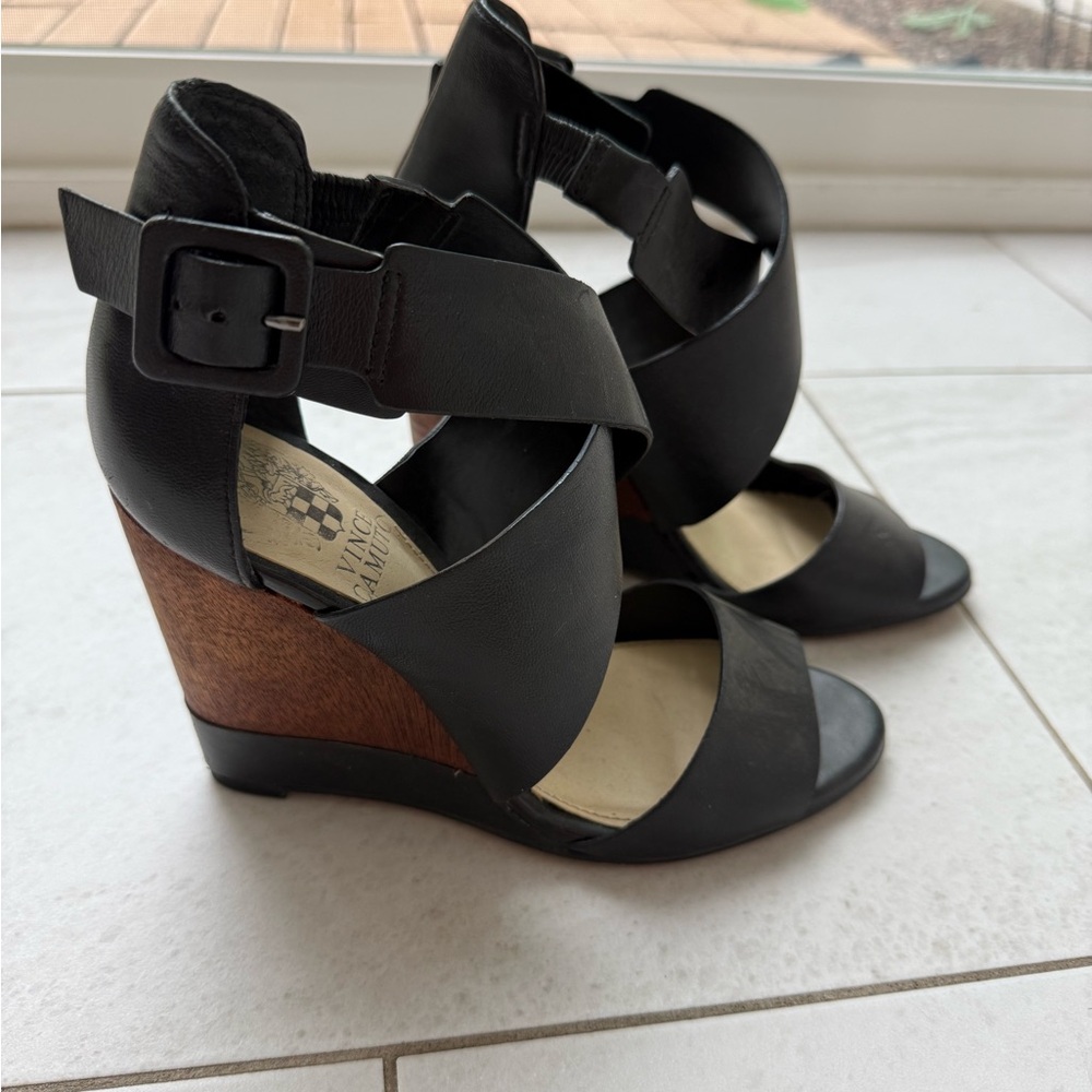 Vince Camuto Black and Brown Wedge Sandals